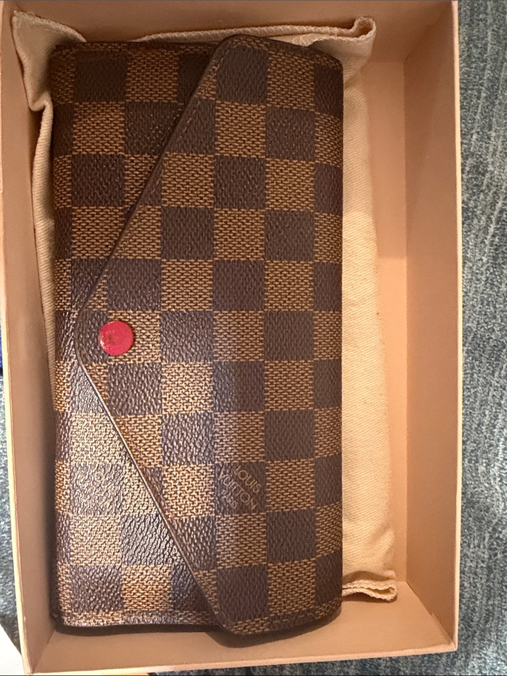 Louis Vuitton Brown Damier Ebene Clutch with Red Button